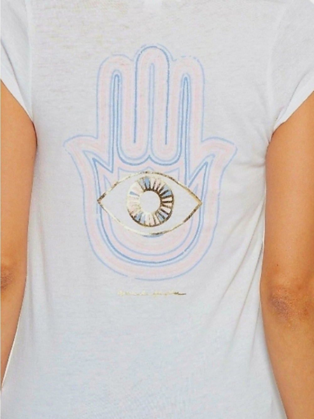 Spiritual Gangster Graphic White Tee with Pastel Blue & Pink Hamsa Eye